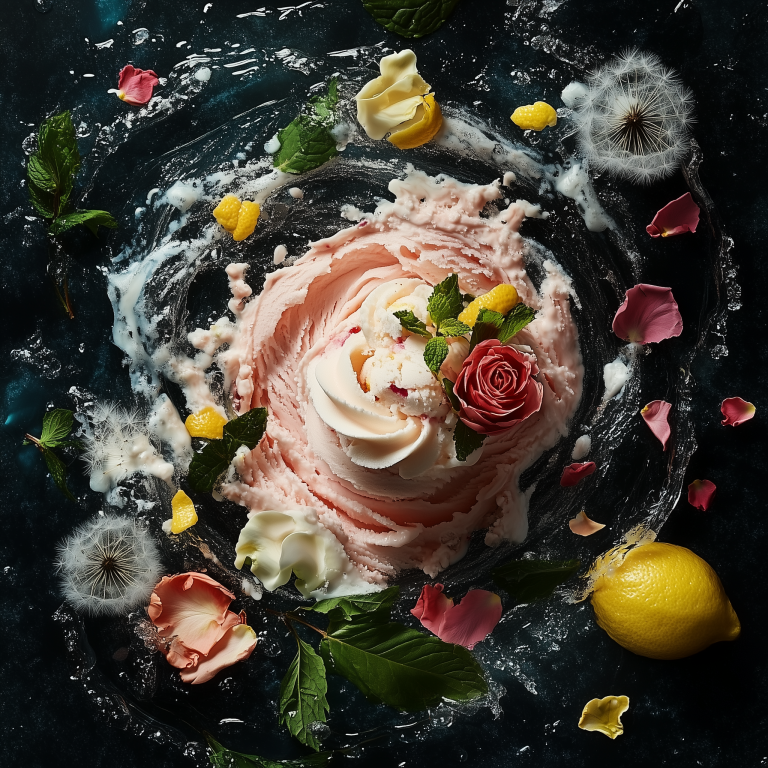 Rosewater and dandelion ice cream with rose petals