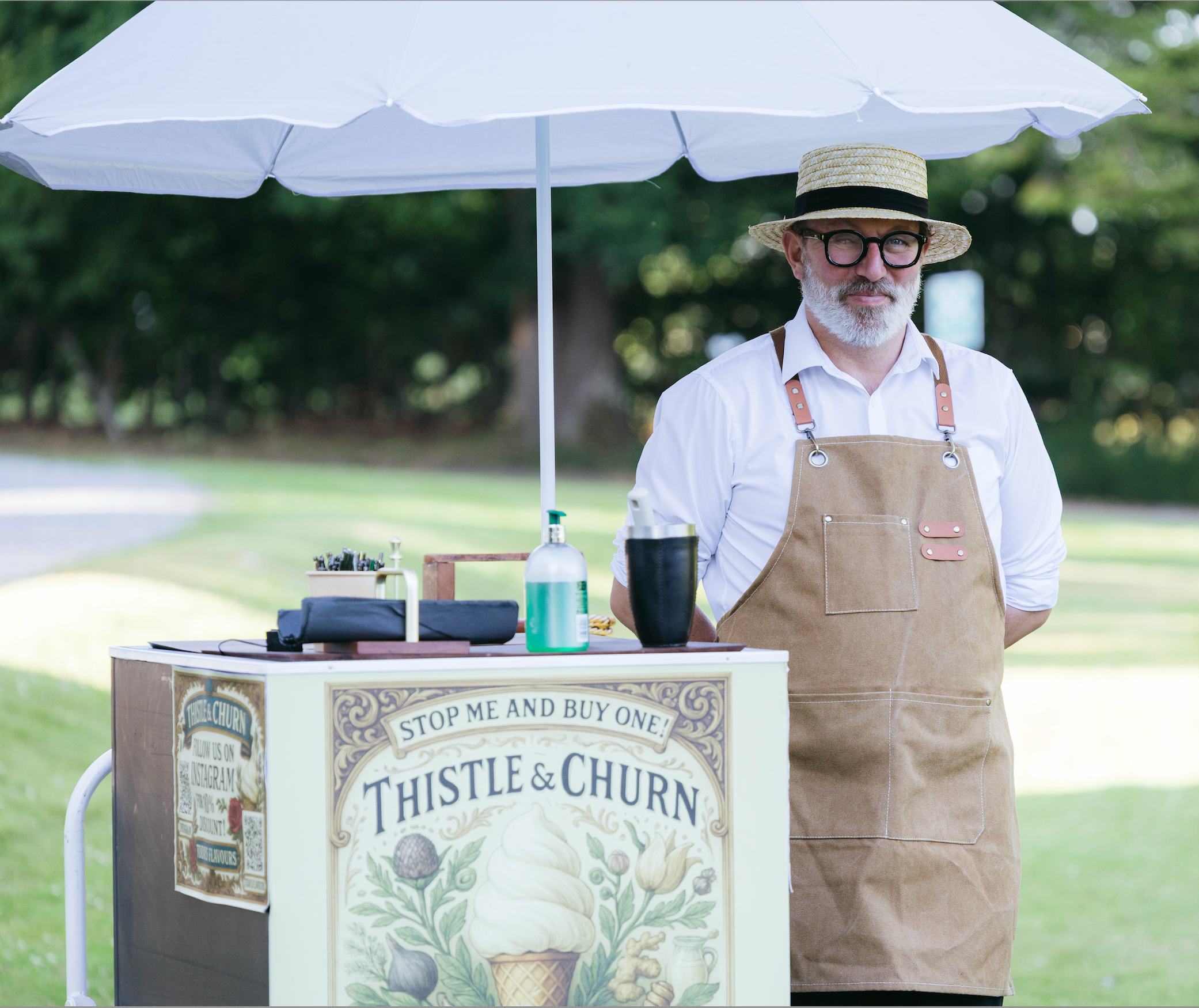 Thistle & Churn ice cream cart with server in vintage attire